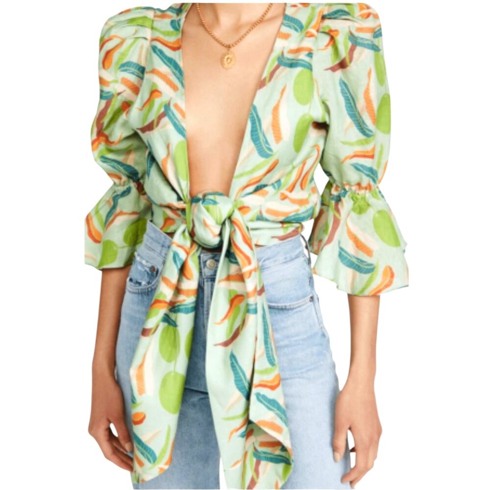 Juan De Dios Swimwear Cover Up Top S Wrap Tropical Print Bell Sleeve Tie Waist